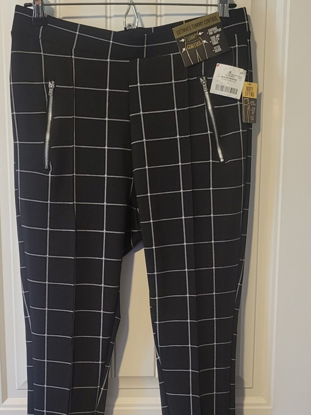 No Comment Black White Windowpane Pull-On Skinny Dress Pants Knit Stretch L